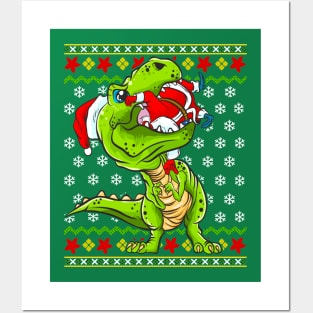 T Rex Eating Santa Claus Ugly Christmas Sweater Posters and Art